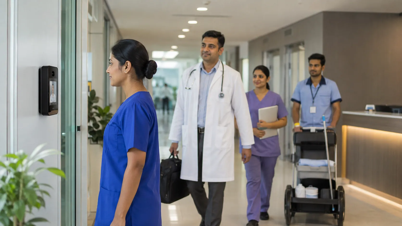 iDONE Healthcare Sector Doctor and nurses walking through a hospital corridor representing iDONE healthcare workforce management