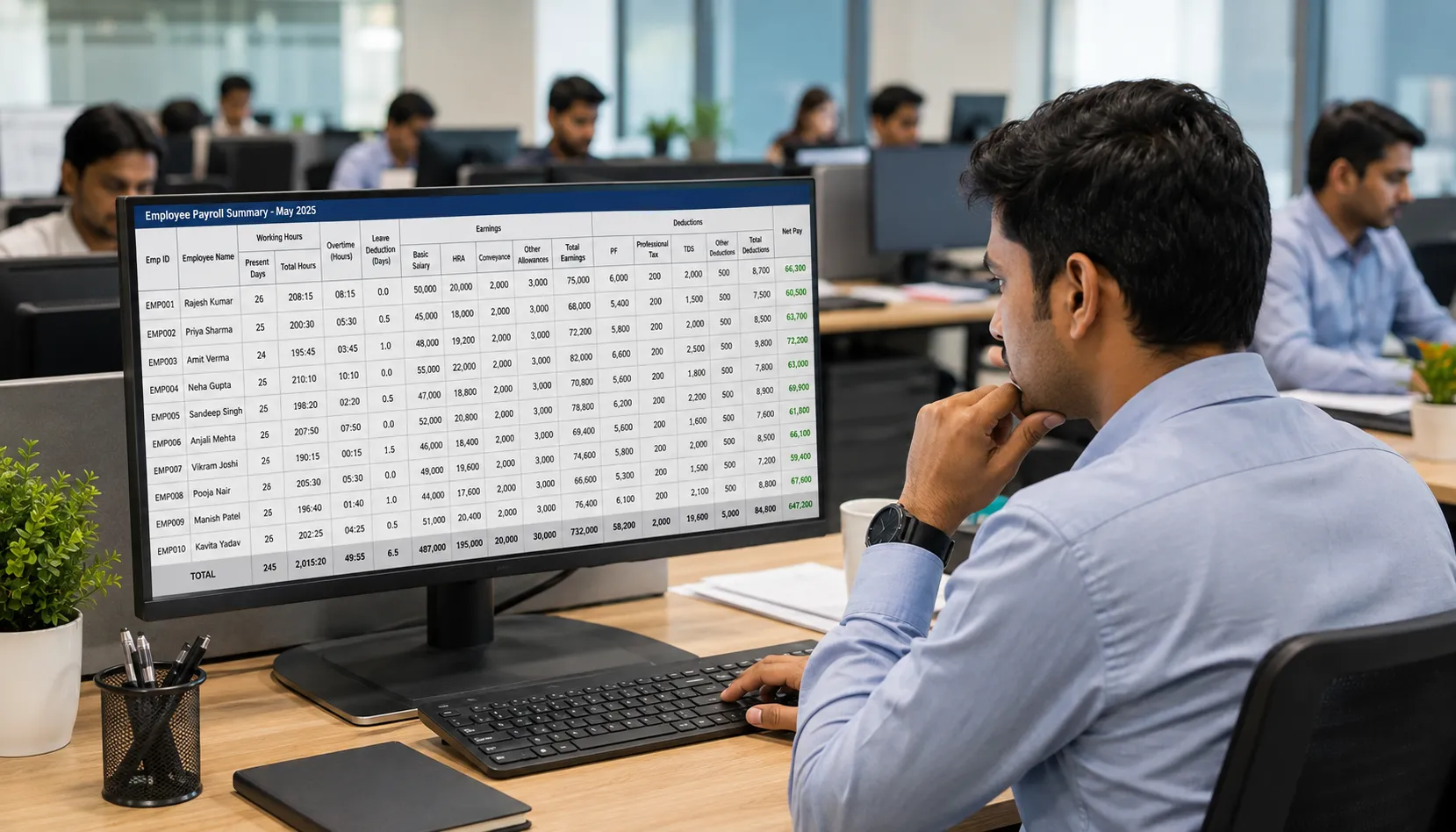 Large Monitor Payroll Data Review Employee reviewing detailed payroll data on a large monitor for accuracy and compliance