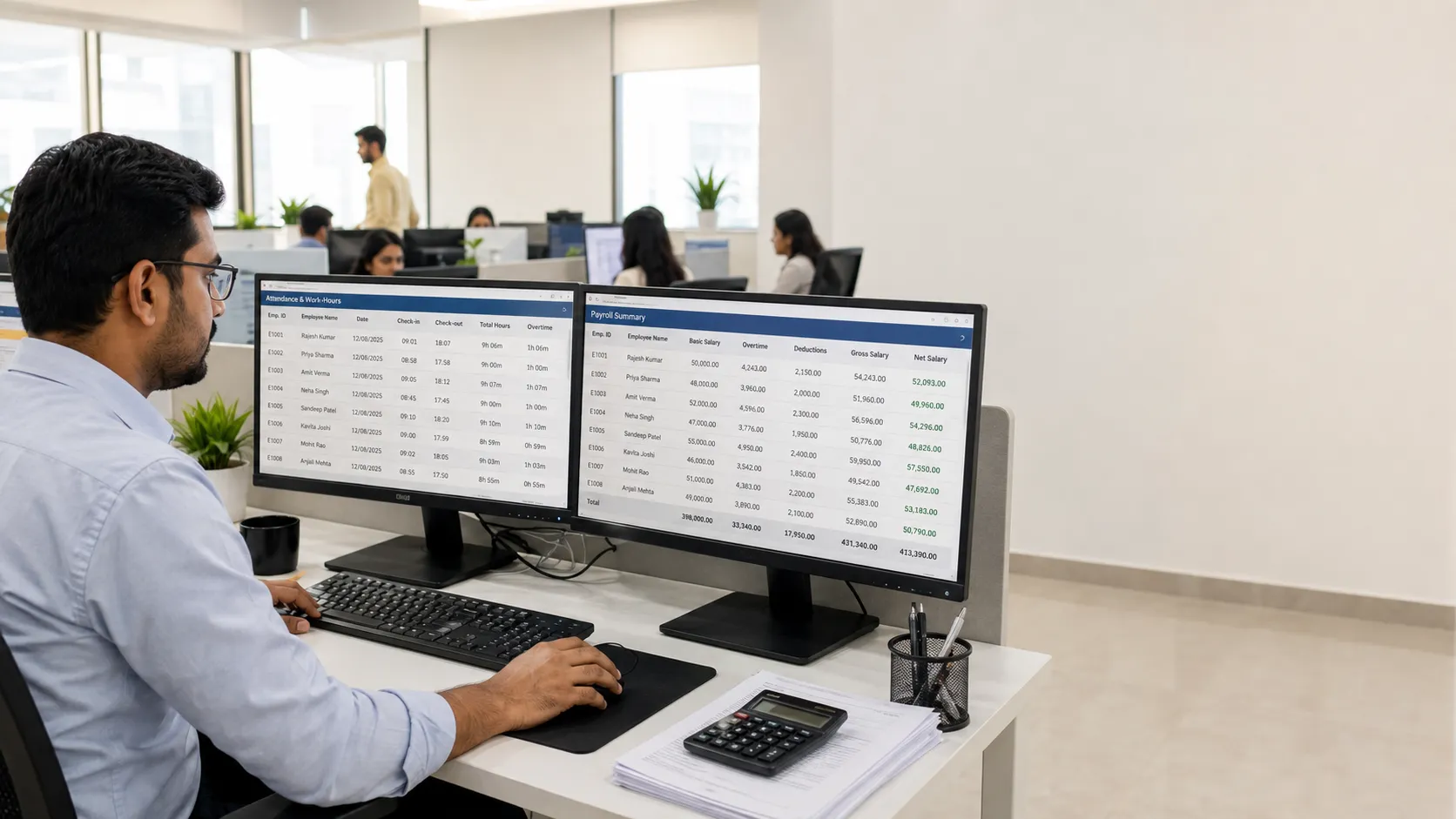 Multi-Monitor Payroll Processing Employees at dual-monitor desks in an office row processing payroll across multiple systems
