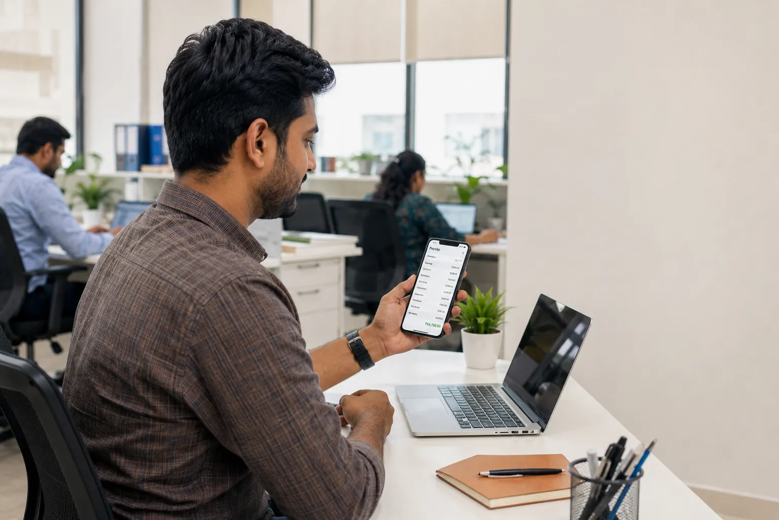 Office Payroll Dual Monitor Setup Office employee processing payroll data across dual monitors representing iDONE automated payroll management