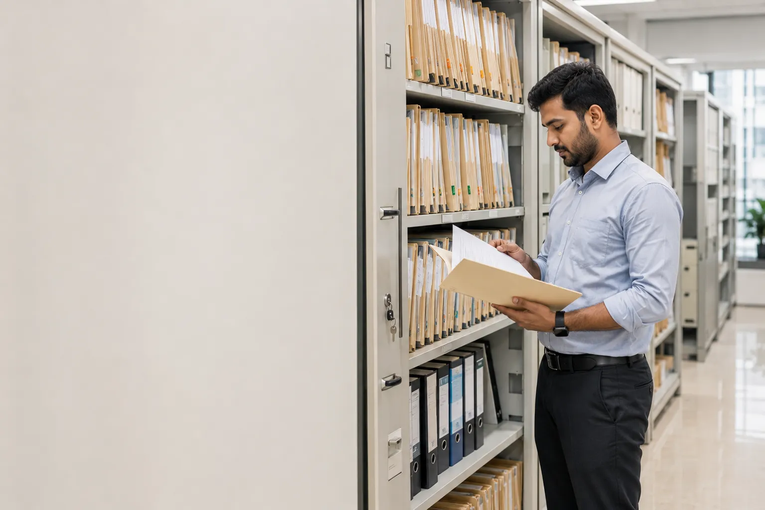 Physical Employee Payroll Records Shelf of physical employee files and payroll records representing the inefficiency iDONE replaces