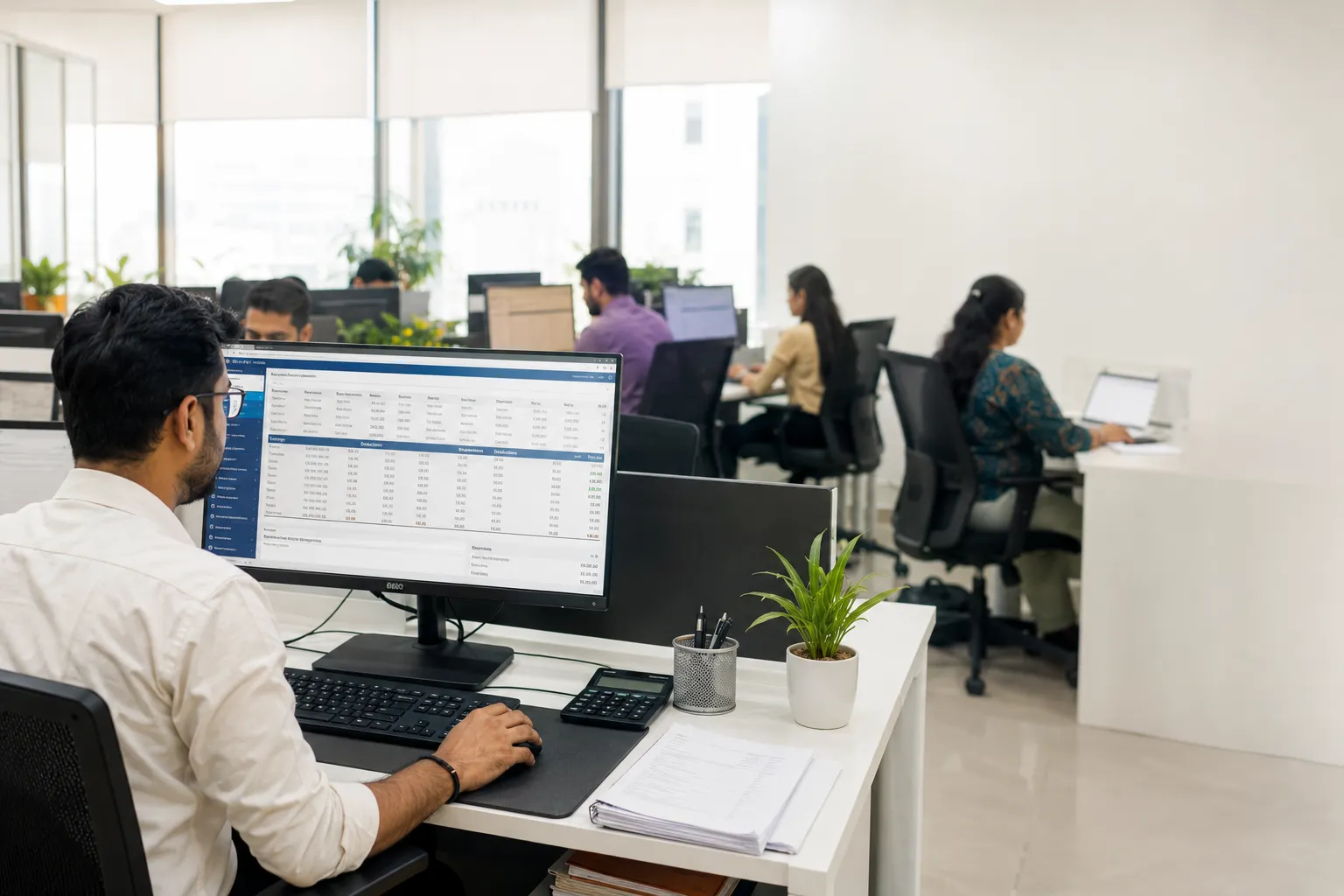 Payroll Spreadsheet Review Employee reviewing payroll spreadsheet data on a monitor before iDONE automation replaces manual review
