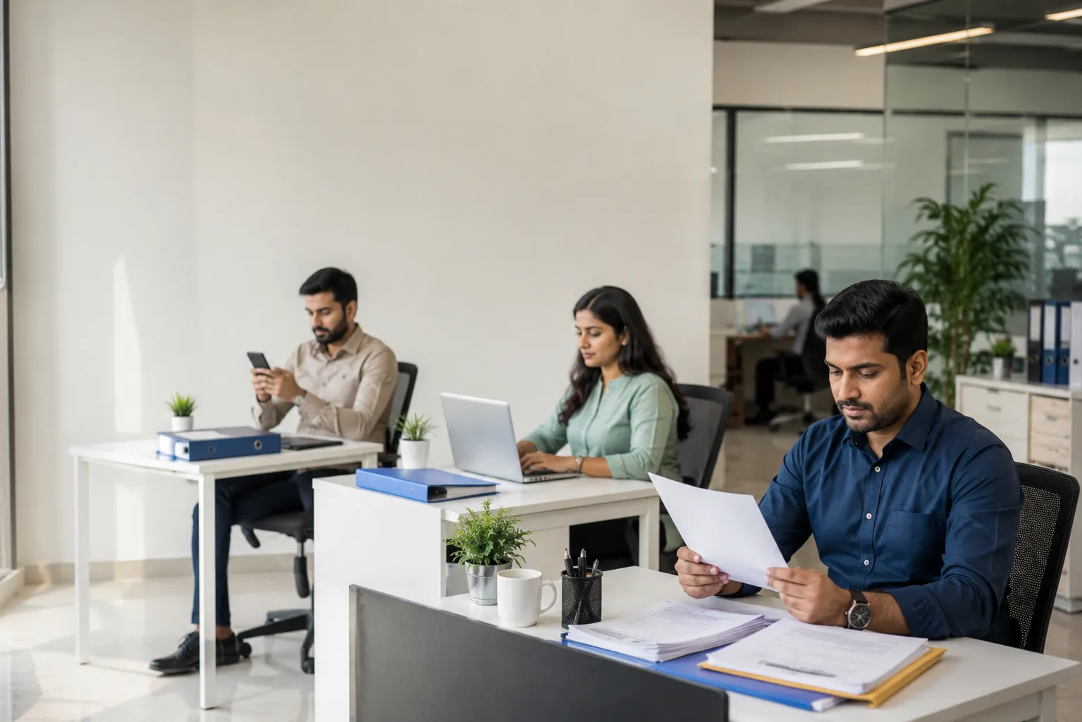 Team Payroll Record Review Small team reviewing payroll records together in an office