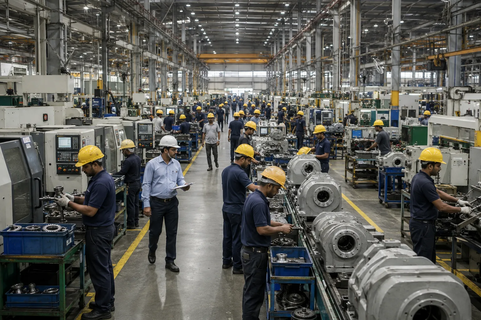 iDONE Factory Workforce Scale Factory workers in hardhats on a production line representing large-scale manufacturing workforce management