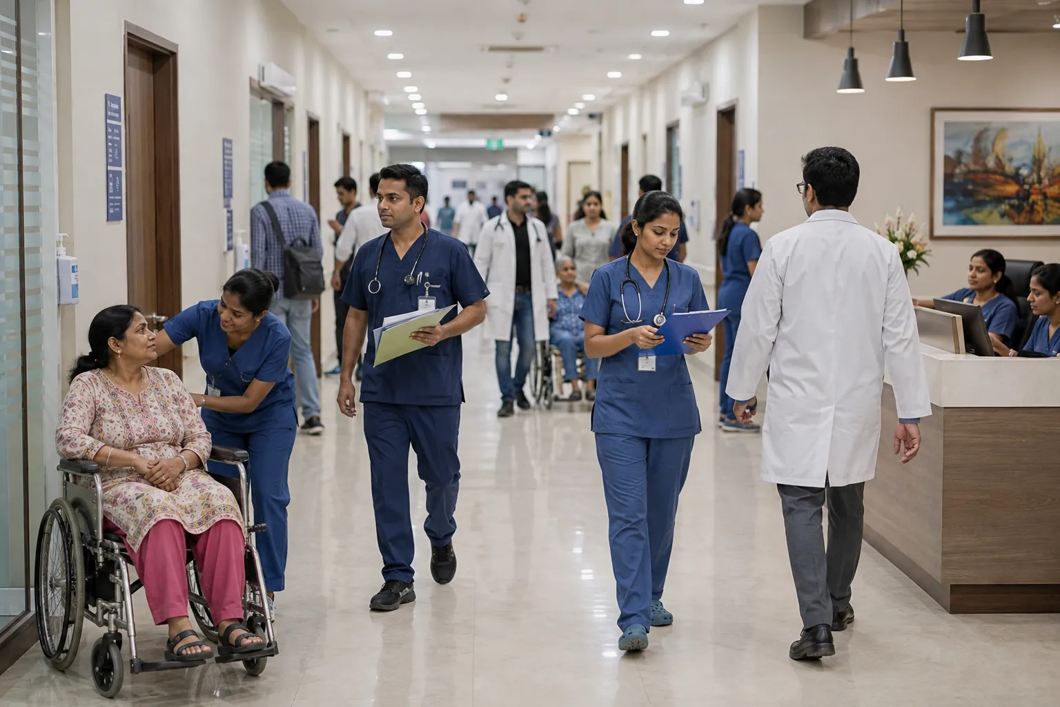 iDONE Hospital Staff Management Hospital staff attending to a patient in a corridor representing healthcare workforce management with iDONE