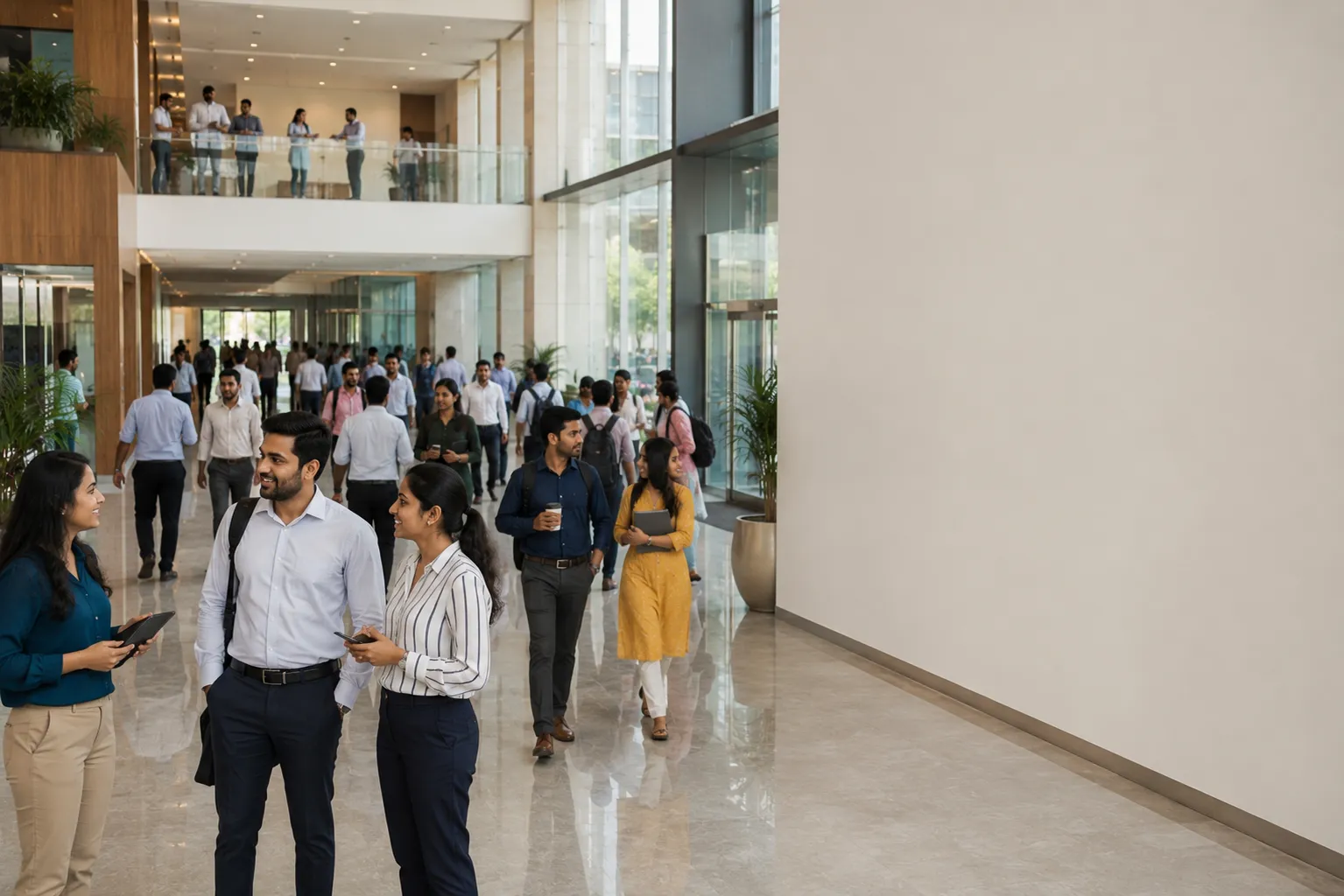 iDONE Office Lobby Workforce Employees walking through a busy office lobby representing iDONE's large enterprise user base