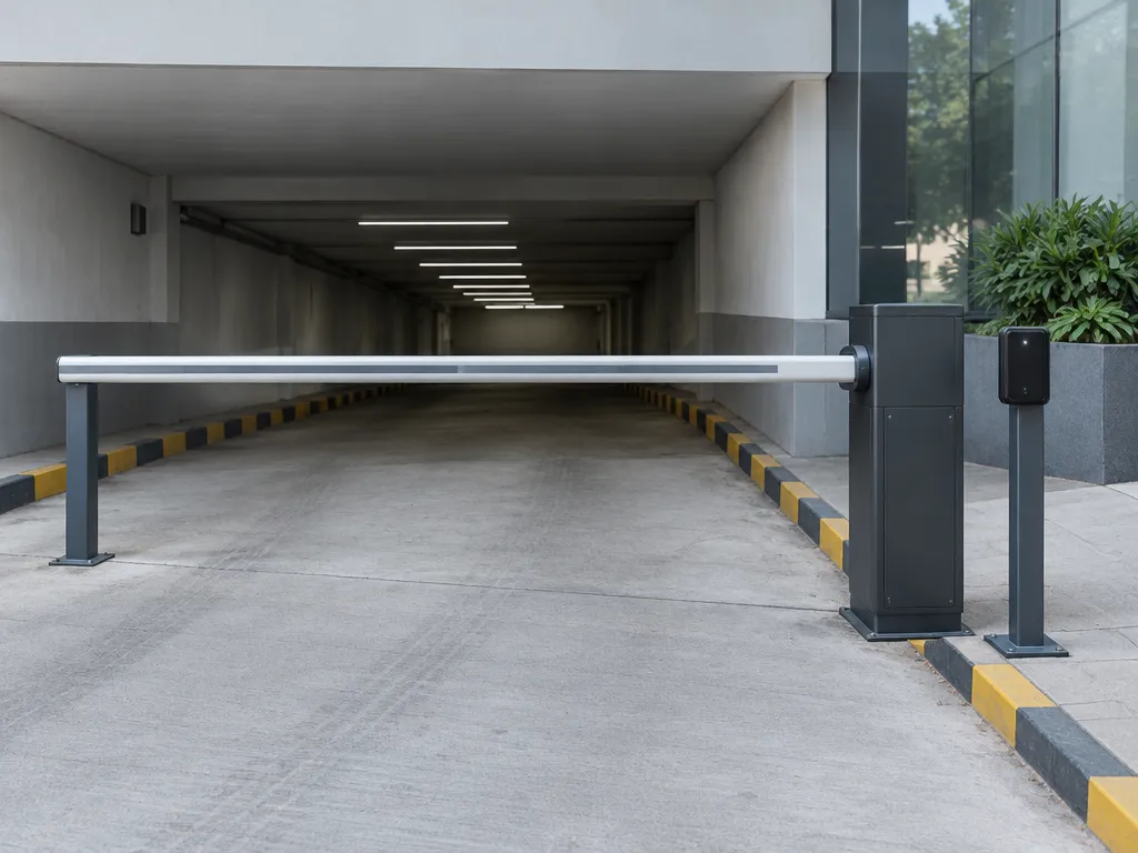 Boom barrier with a sensor post across a concrete ramp leading to a basement parking entrance