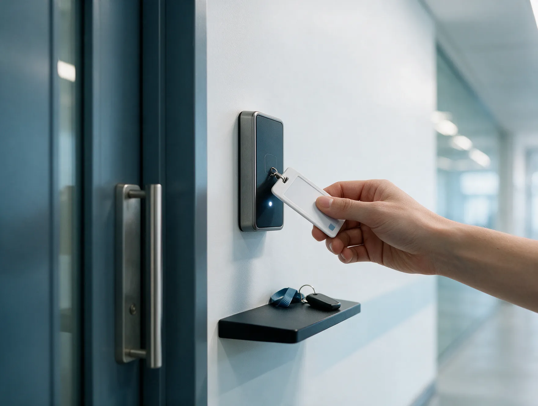 Hand holding a key fob against a wall mounted card reader beside a glass door