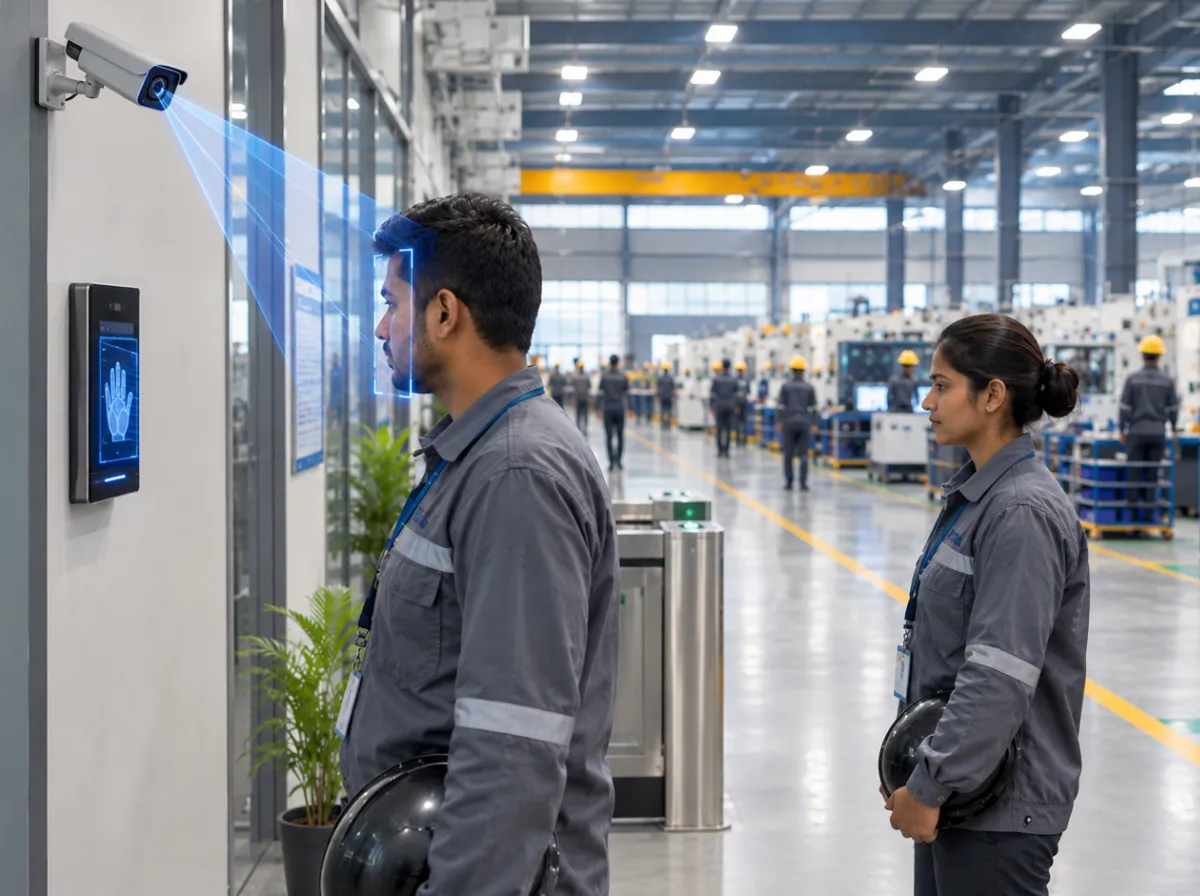 Fingerprint and Face Readers Factory worker having his face scanned by a wall mounted biometric reader while a colleague waits behind him