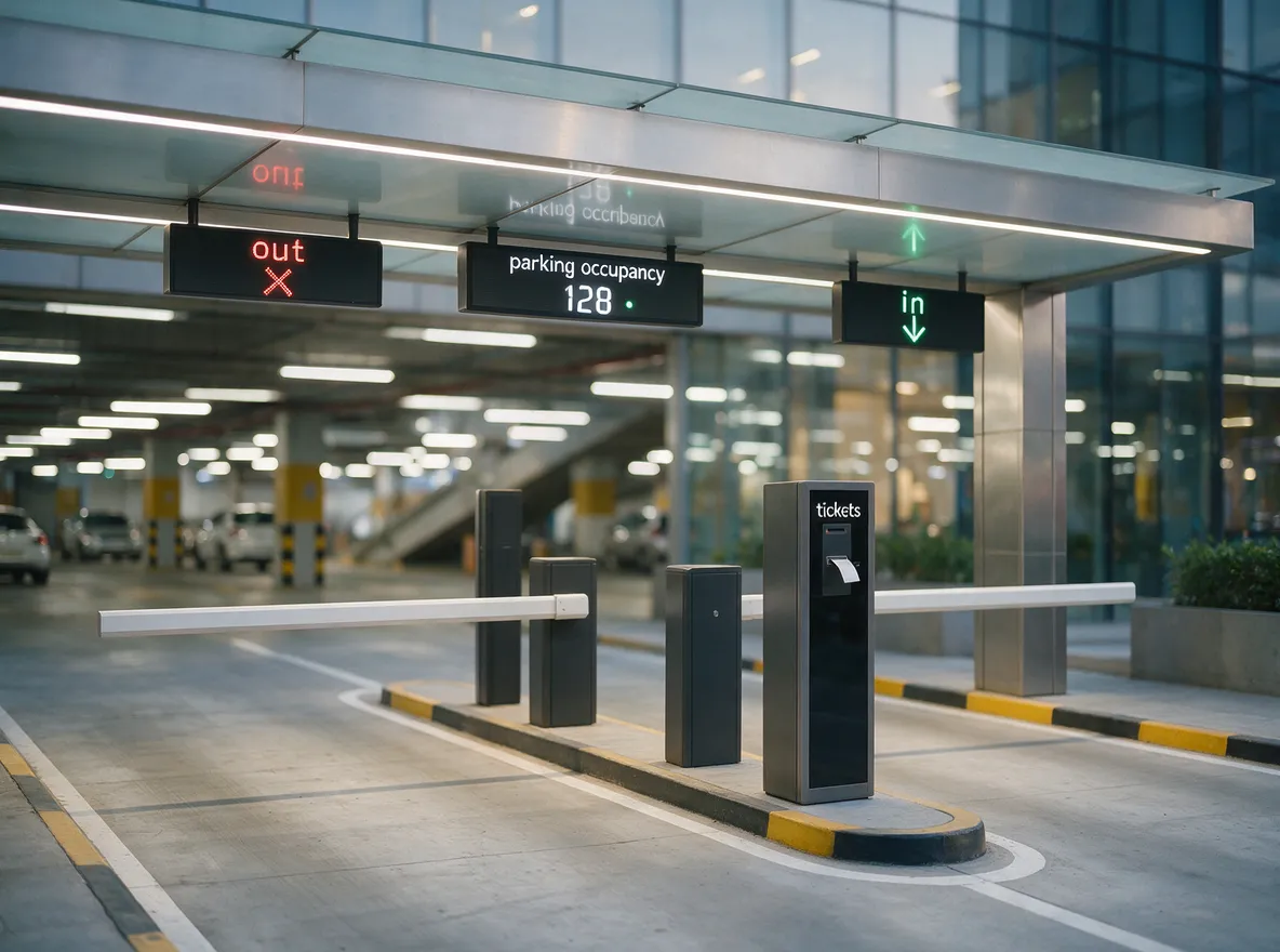 Parking entry lane with in and out signs, a parking occupancy display showing 128, a ticket machine and barriers