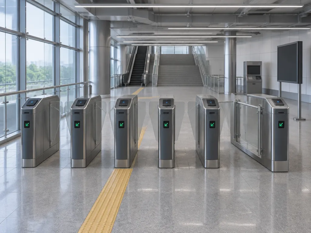 Row of stainless steel flap gate turnstiles in a bright station concourse with stairs and escalators behind