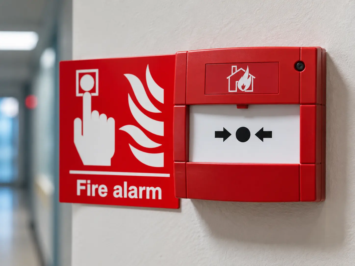 Red manual fire alarm call point on a wall beside a Fire alarm sign in a corridor