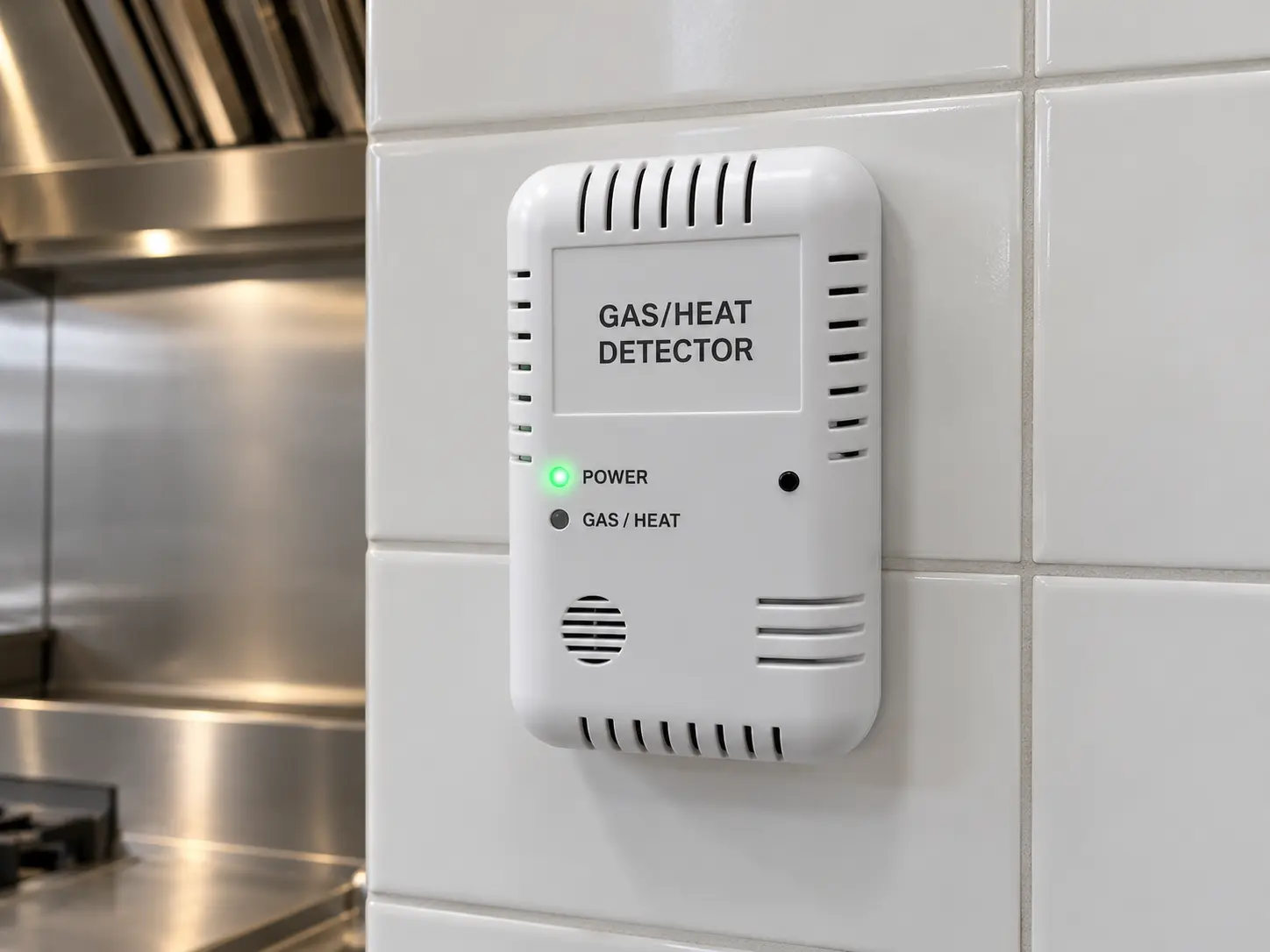 White wall mounted gas and heat detector with a green power light on a tiled wall beside a kitchen hood