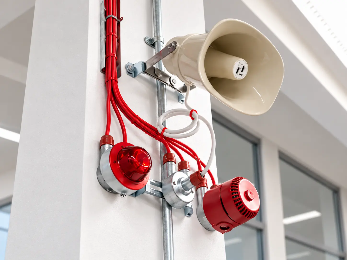 Horn speaker, red alarm sounder and flasher wired together on a white wall column