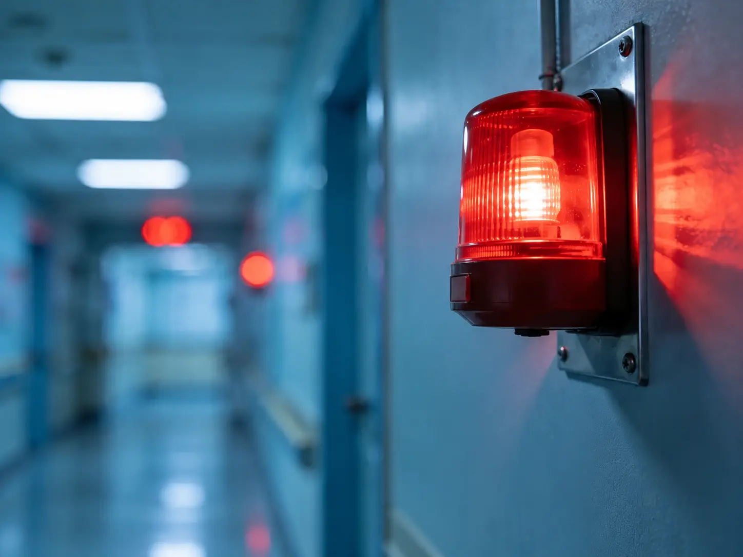 Glowing red strobe beacon mounted on a wall in a blue hospital style corridor