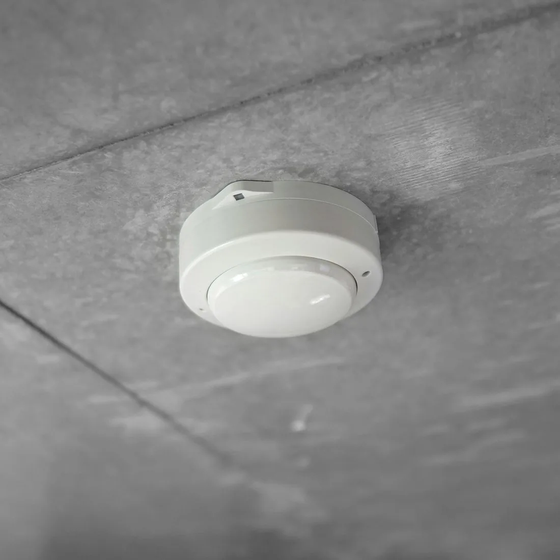 Smoke Detectors White round smoke detector fixed to a grey concrete ceiling
