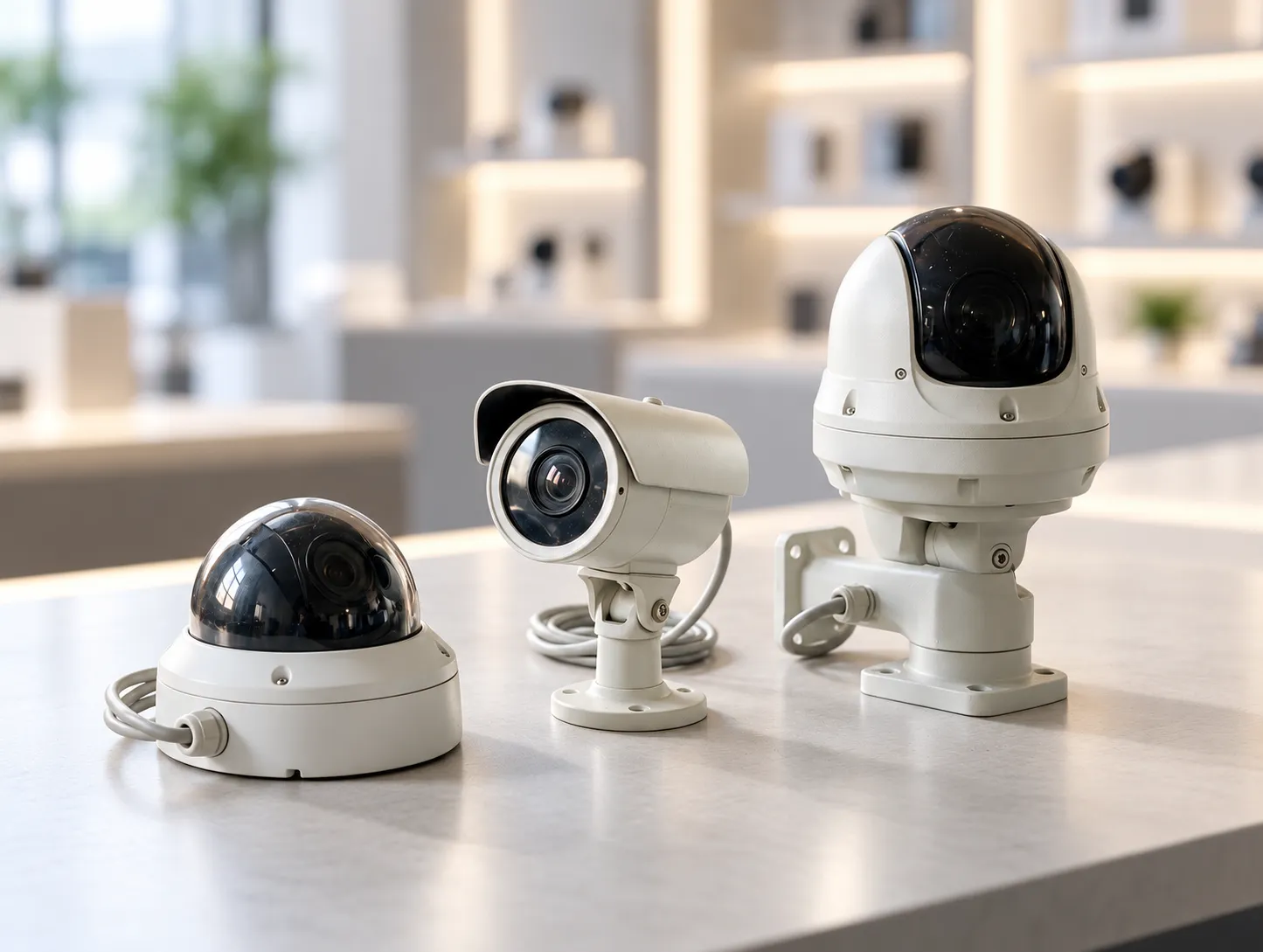 CCTV Cameras: Dome, Bullet and PTZ Dome, bullet and PTZ security cameras on a light counter in front of a blurred shelf of cameras