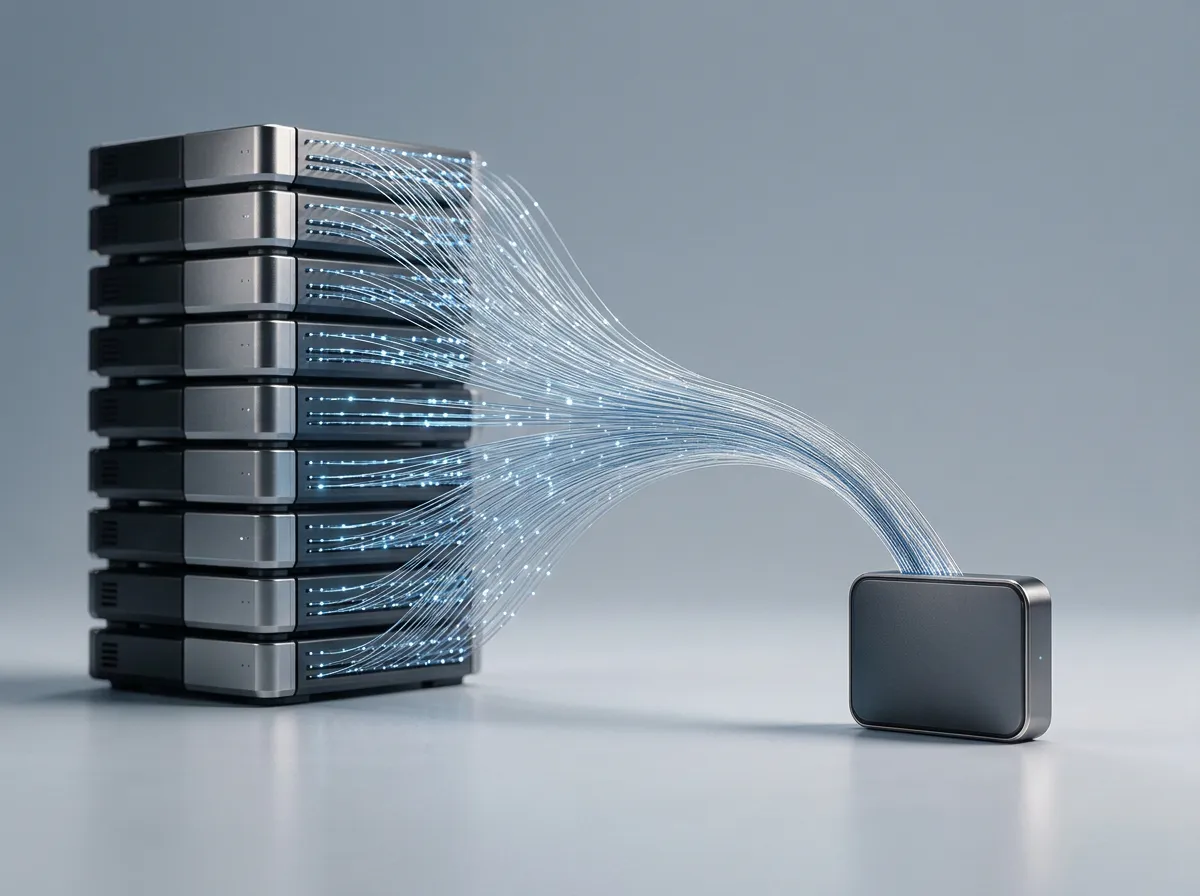 Stack of storage servers with streams of glowing data fibres flowing into a small drive