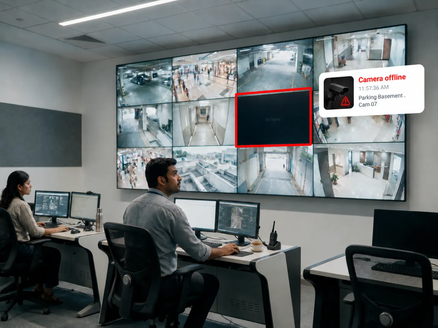 Operators at a control room video wall where one blank tile is outlined in red with a camera offline alert