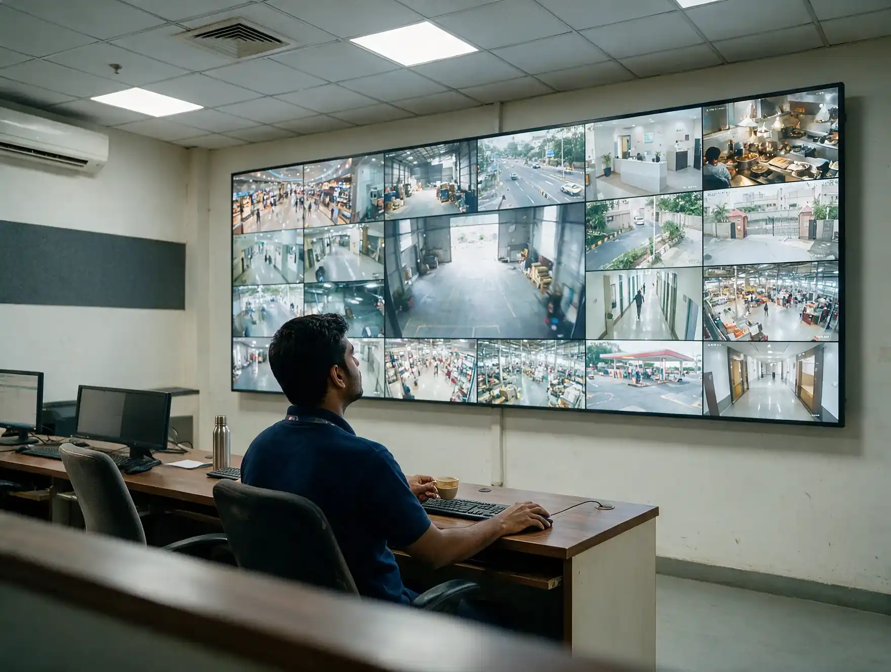 Operator seated at a desk watching a large wall of camera feeds in a control room