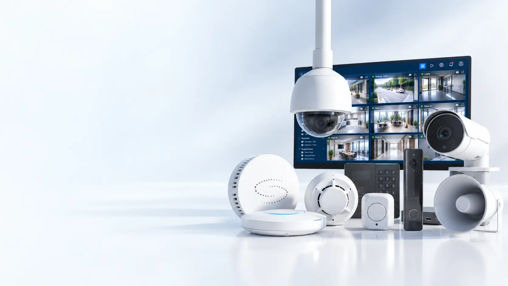 Dome and bullet cameras, video monitor, keypad, smoke detector and horn speaker grouped together as a smart security network
