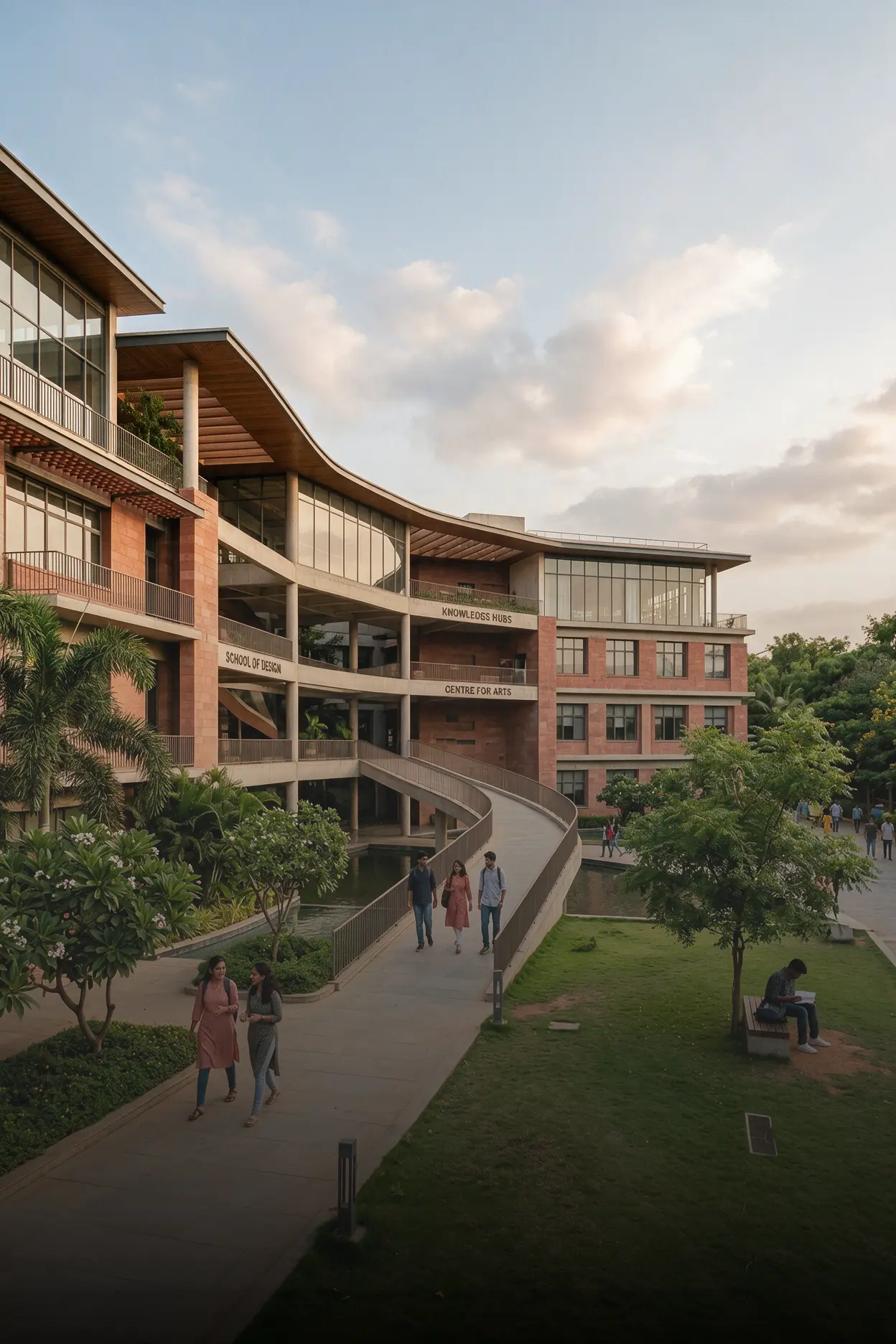 Students walking along a landscaped path beside a multi-storey brick college building at sunset