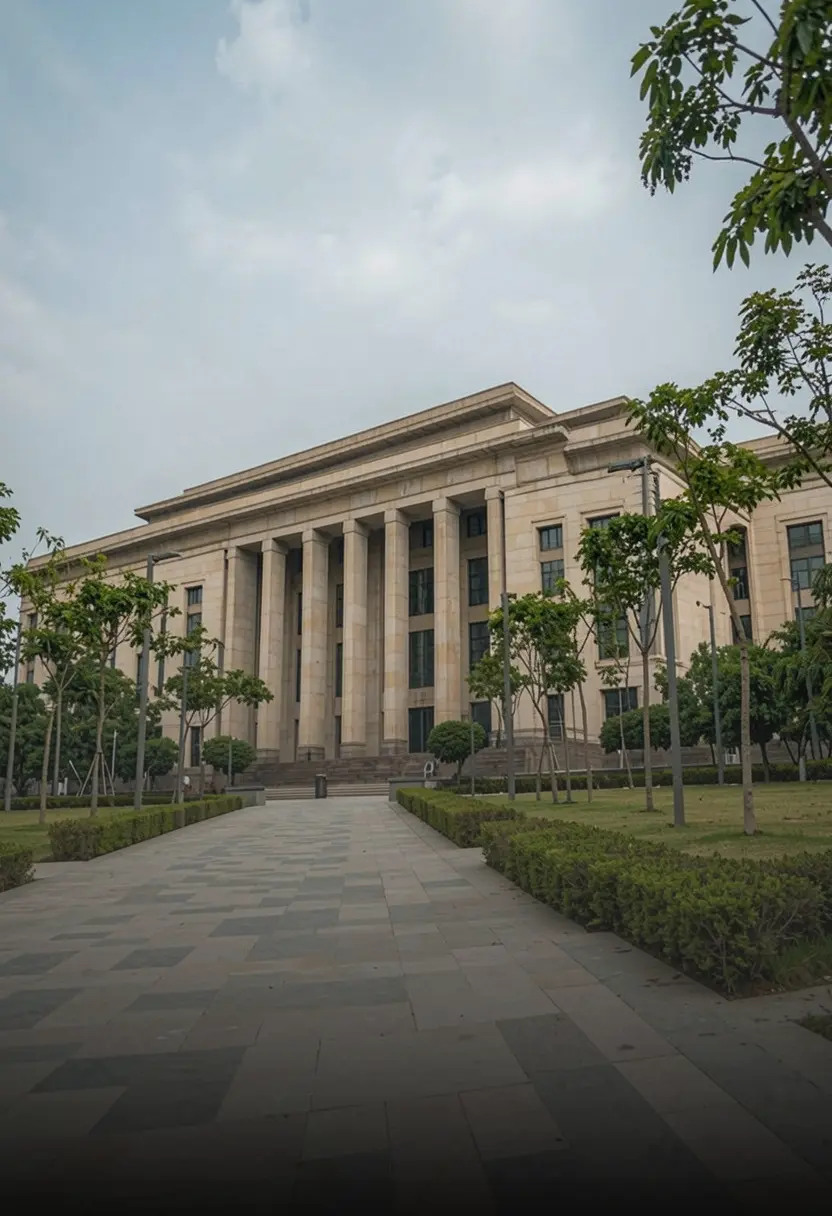 ELV Systems for Government and Public Sector Stone government building with tall columns and a paved walkway lined with hedges and young trees