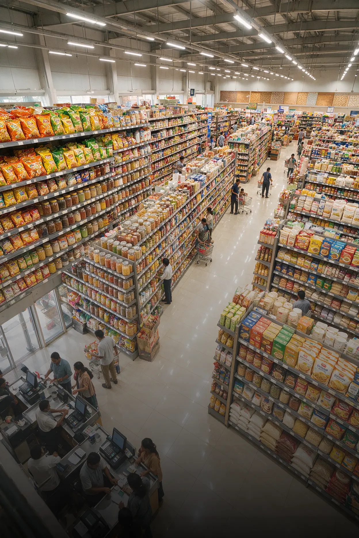 Overhead view of a large supermarket with stocked aisles, shoppers and billing counters