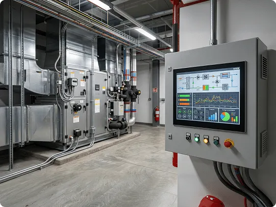 Wall mounted touchscreen control panel showing building system graphs beside an air handling unit in a plant room