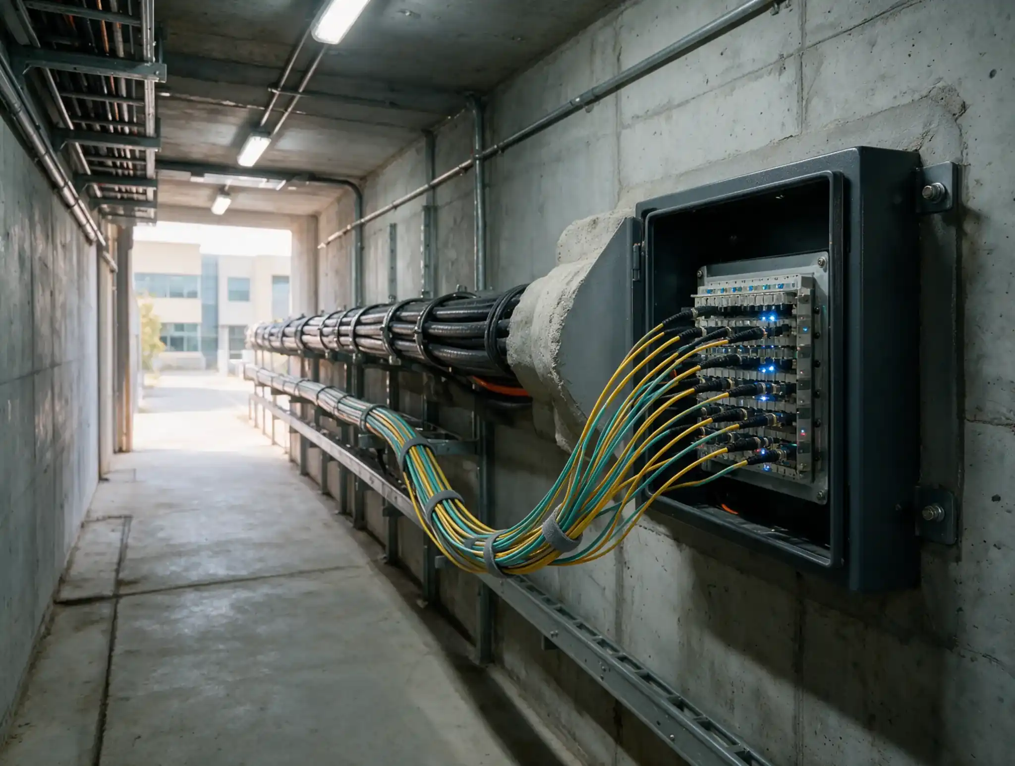 Cable bundles running along a concrete service tunnel into a wall box with fibre patch cords