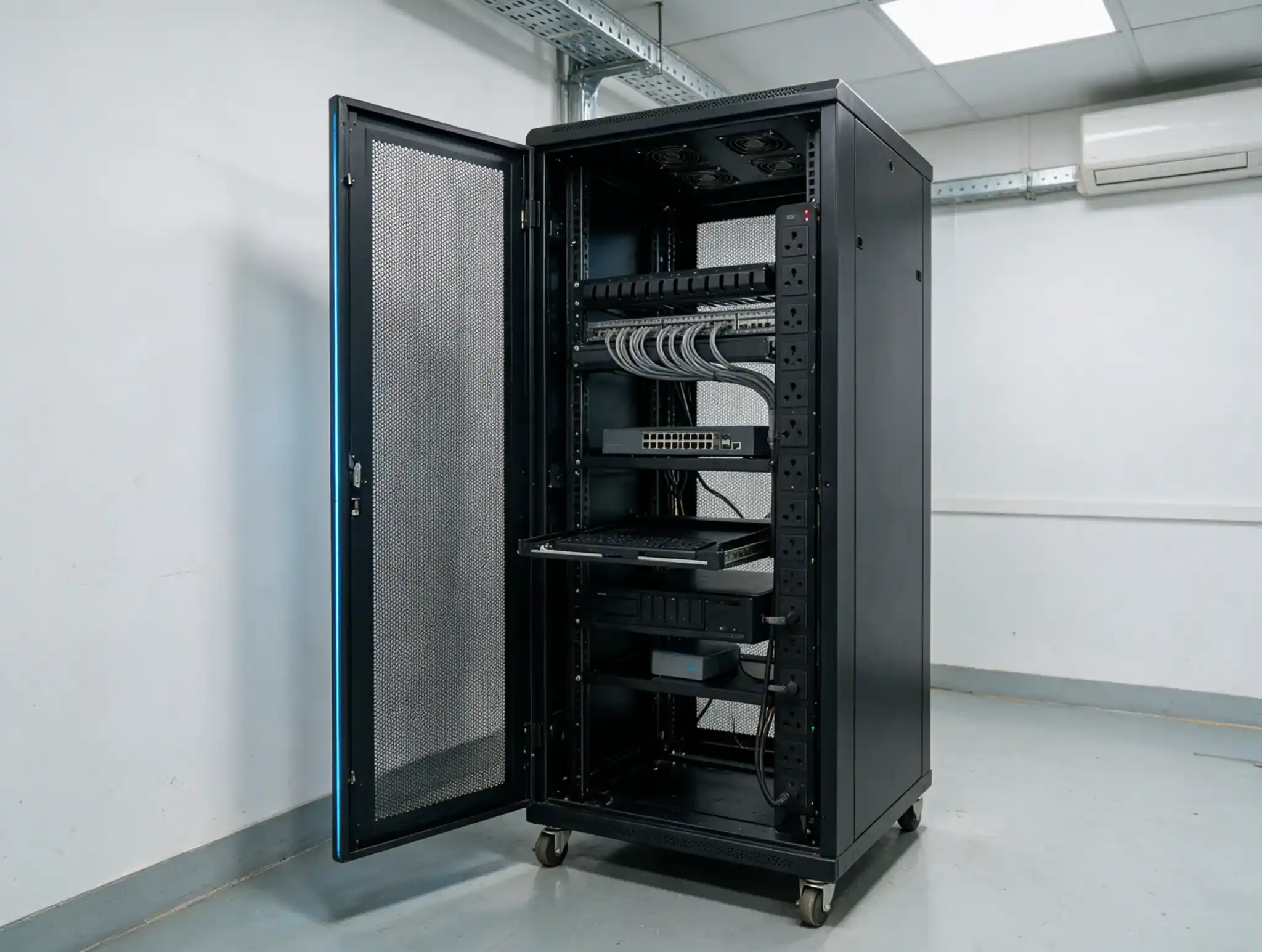 Open black network rack cabinet with a switch, patch panel and shelves standing in a white room