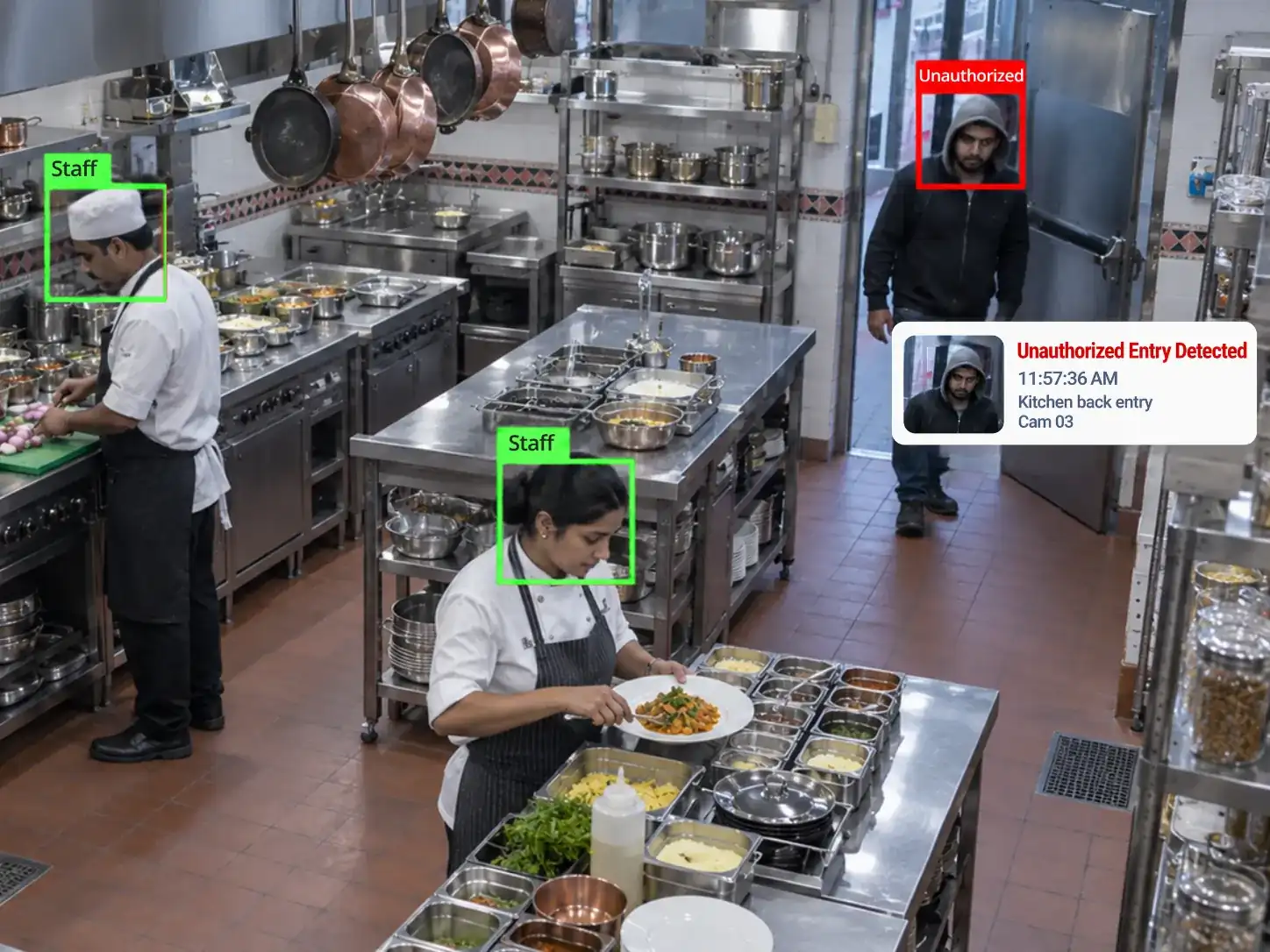 Camera view of a commercial kitchen with staff faces tagged green and an unauthorised entry alert at the back door