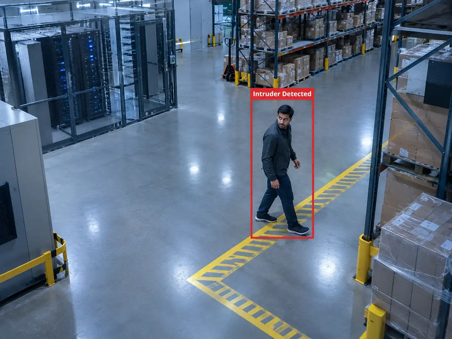 Intruder and Zone Alerts Camera view of a man crossing a marked zone in a warehouse with a red Intruder Detected box around him