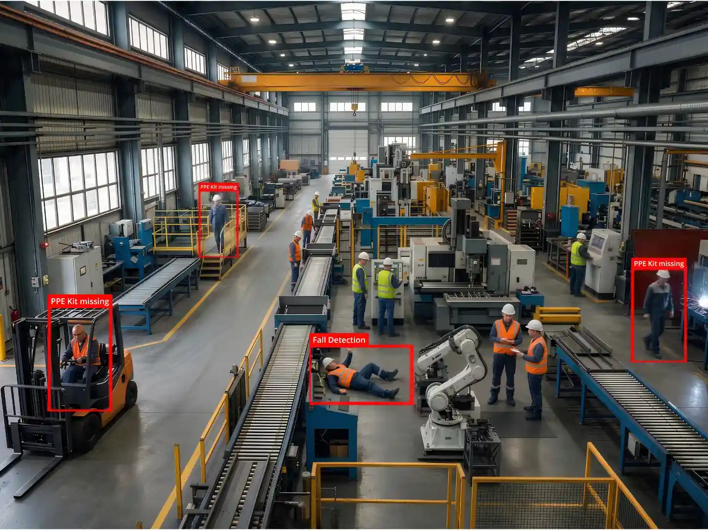 Factory floor camera view with alerts for missing PPE kits and a worker lying on the floor