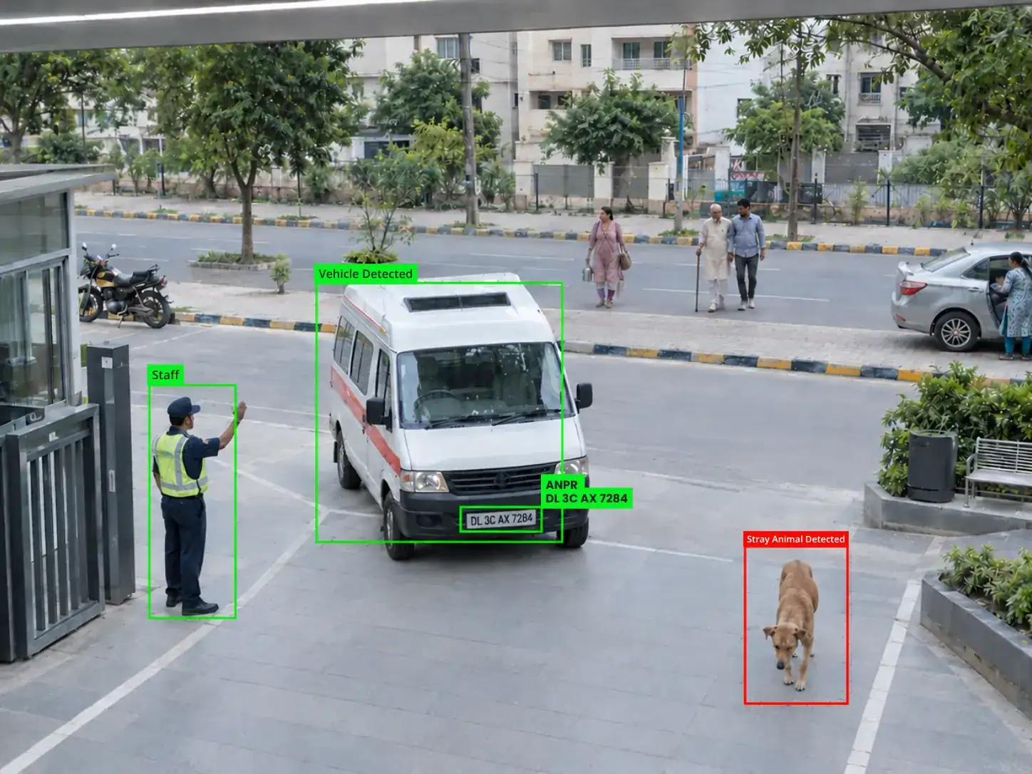 Camera view of a van, a security guard and a stray dog at a building entrance, each marked with detection boxes