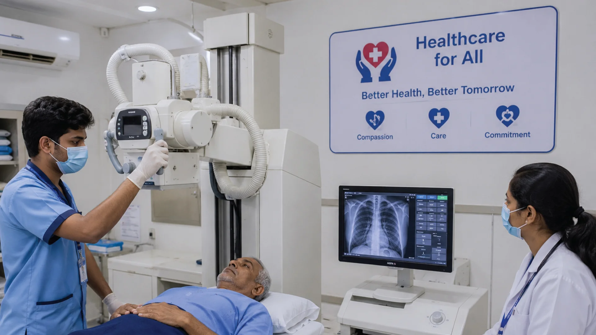 Healthcare for All Diagnostic Support Radiographer and doctor conducting an X-ray for a patient beside a Healthcare for All banner