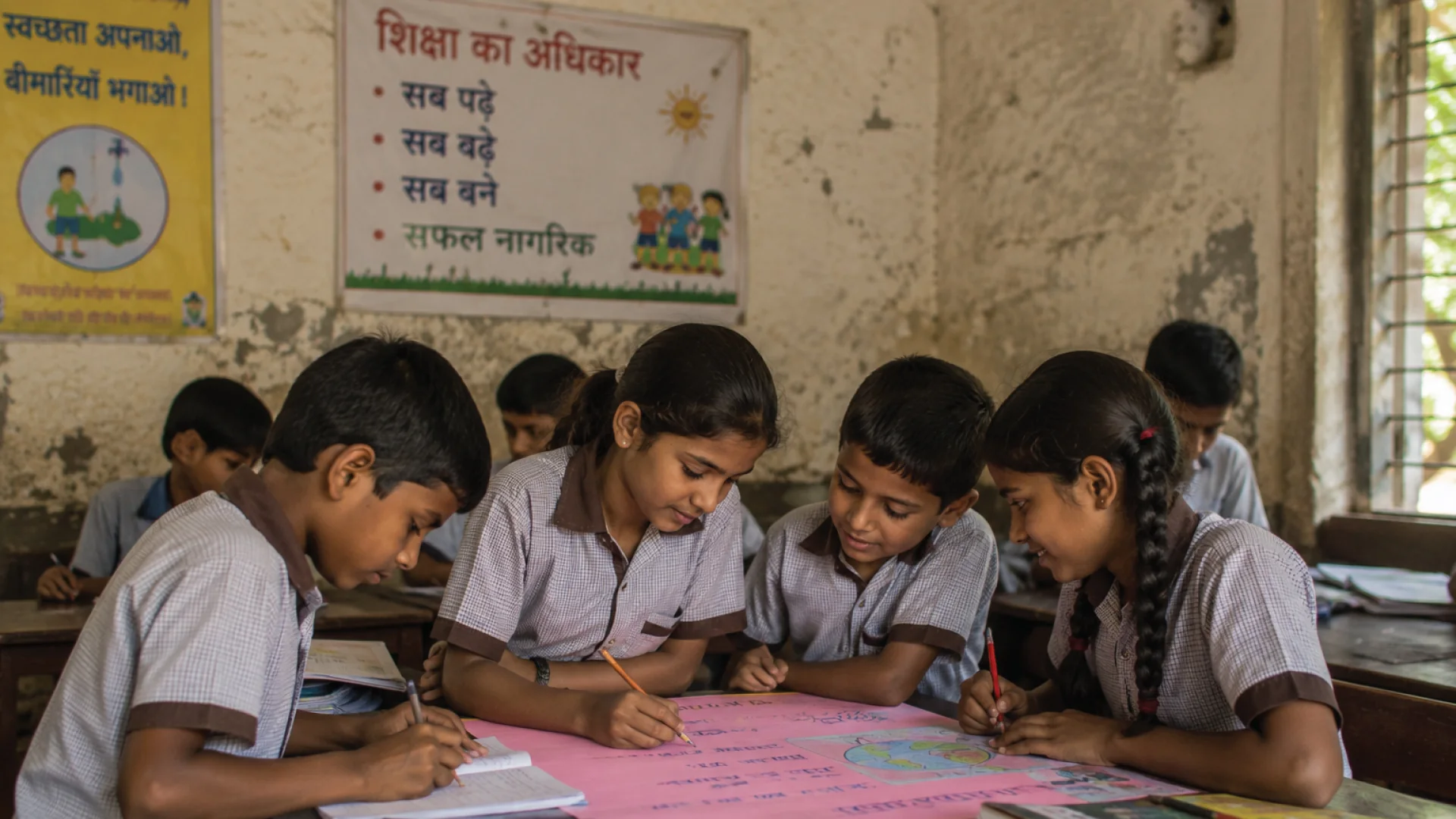 Students Learning Together in Class School children working together on a chart in a classroom under Transline education CSR
