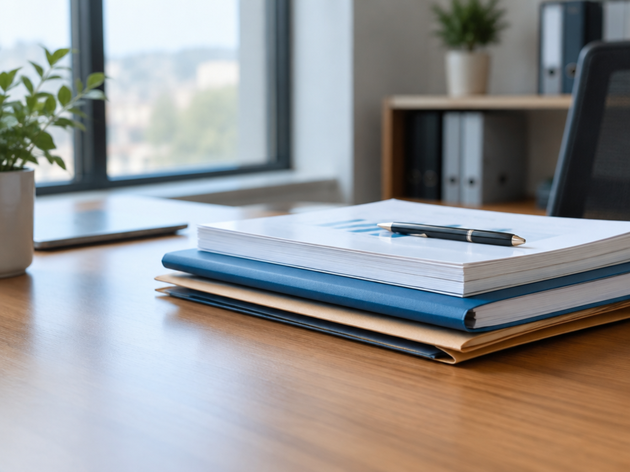 A stack of financial reports on a desk