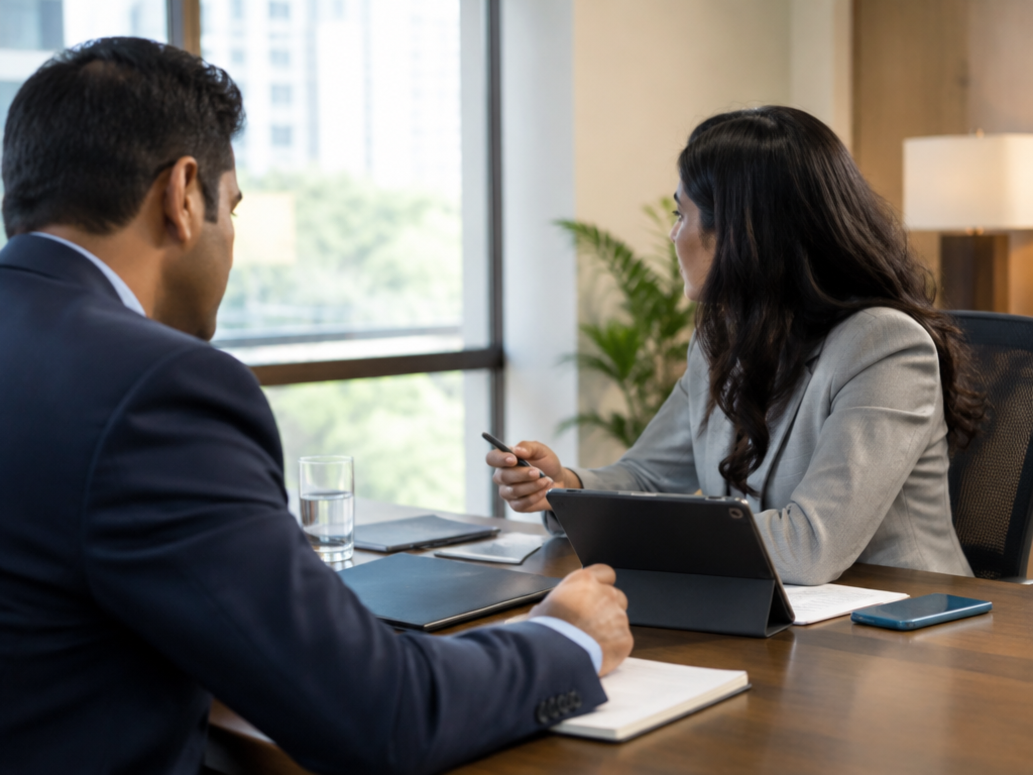 Professionals discussing over a tablet in a meeting