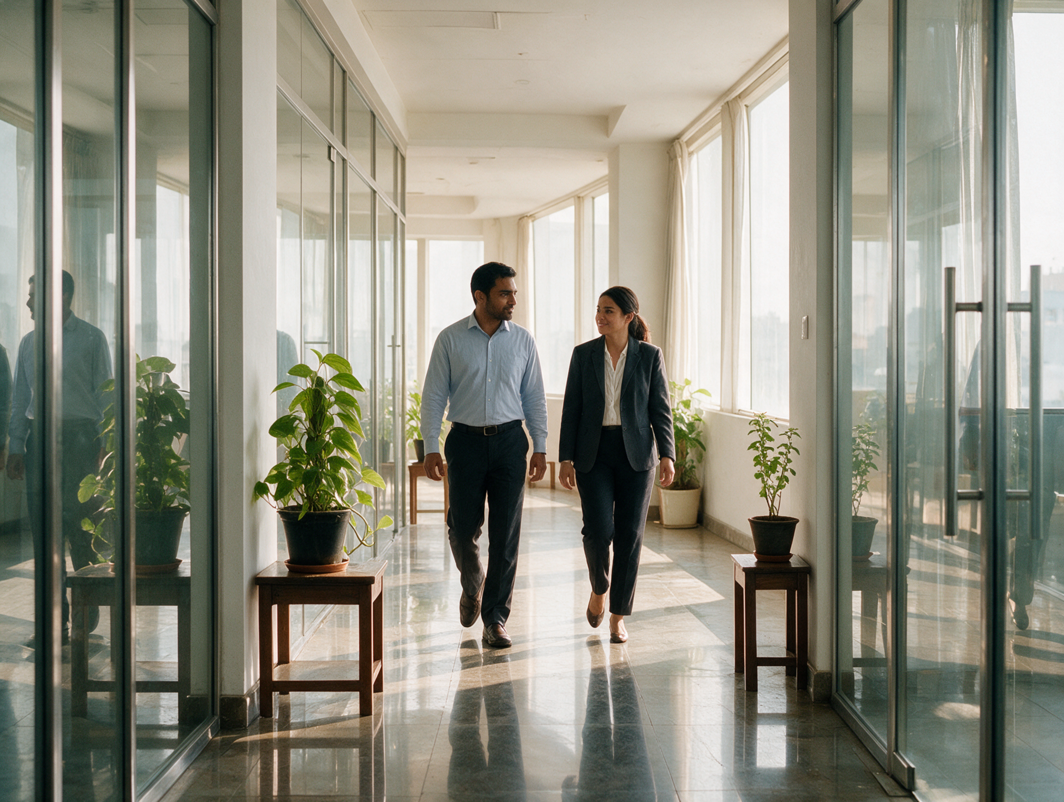 Professionals walking through an office corridor