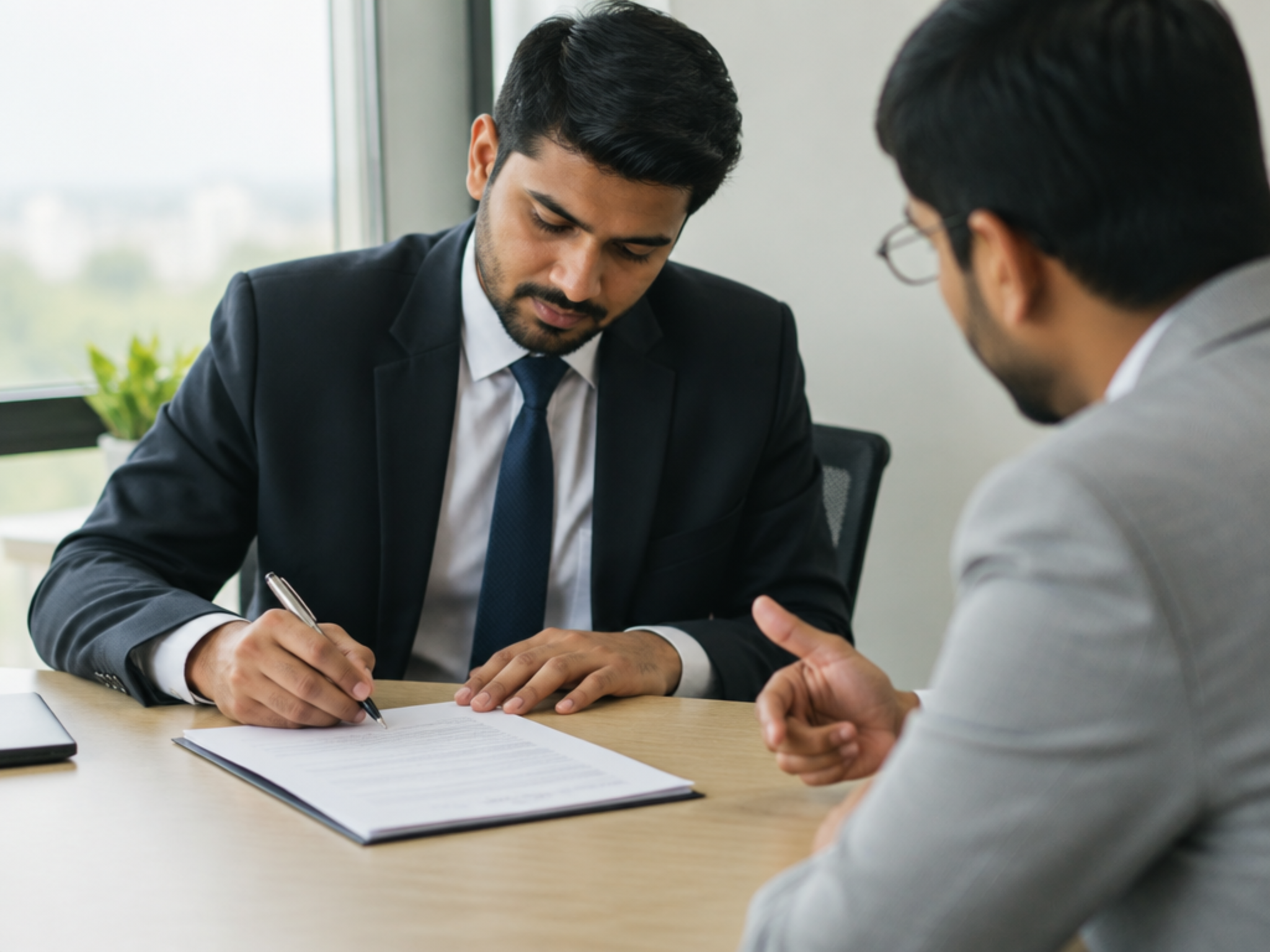 Signing documents in an office meeting