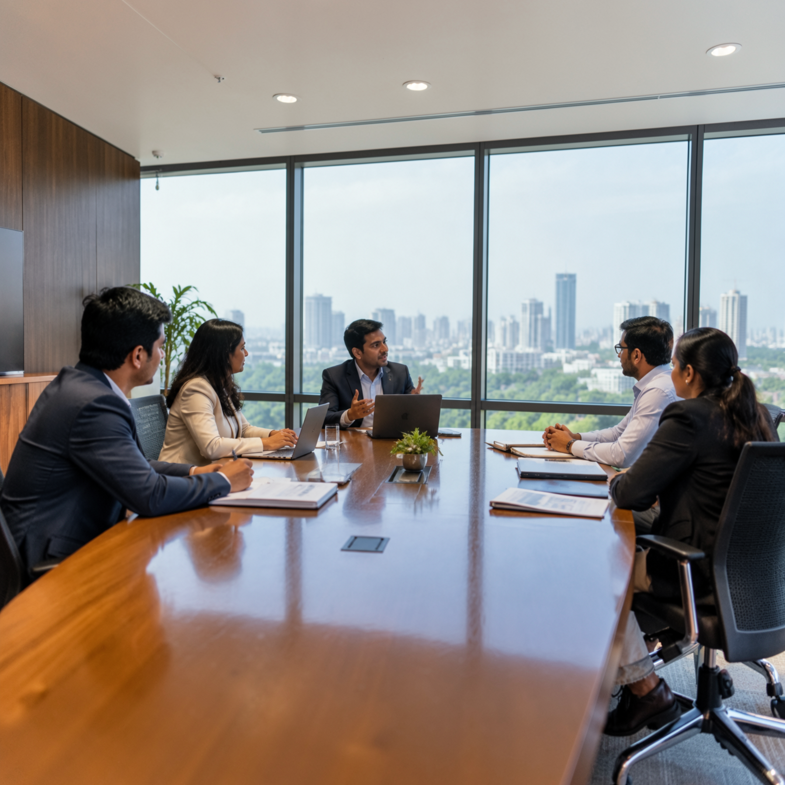 Board meeting in a conference room with a city view