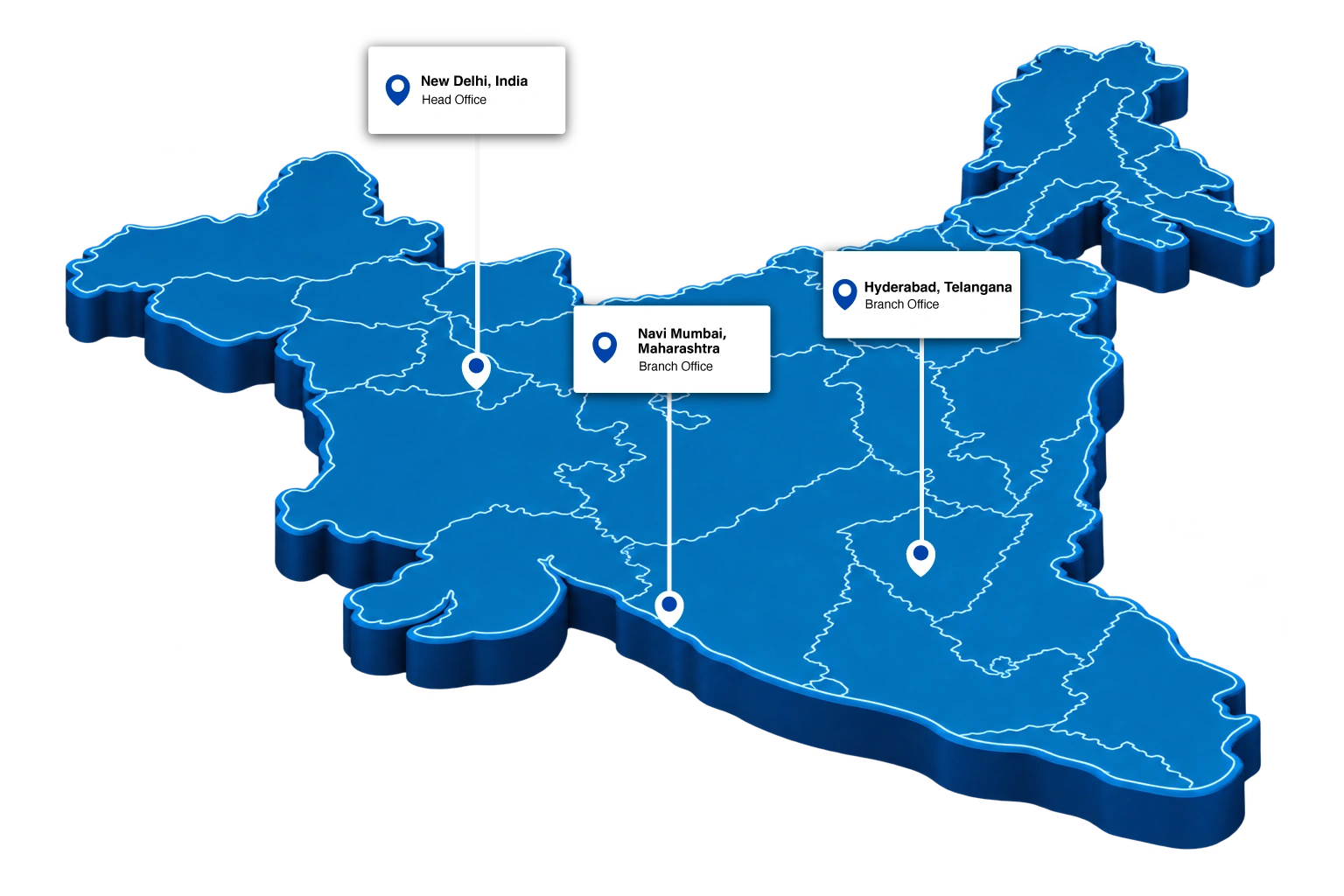 Map of India marking Transline offices in New Delhi, Navi Mumbai and Hyderabad
